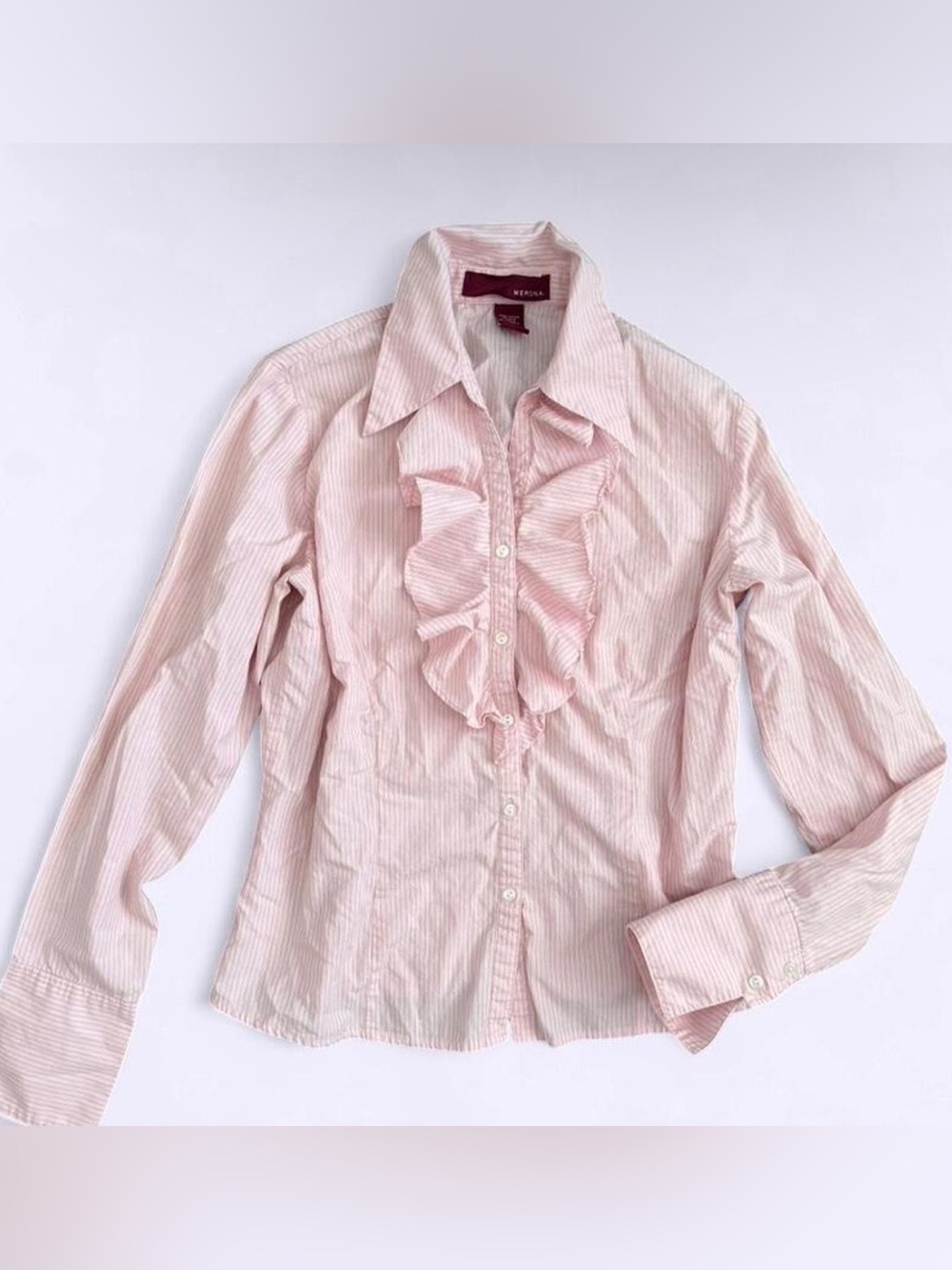 Merona Pink Striped Ruffle Button Up Shirt 100% Cotton Pointy Collar Y2K Vintage